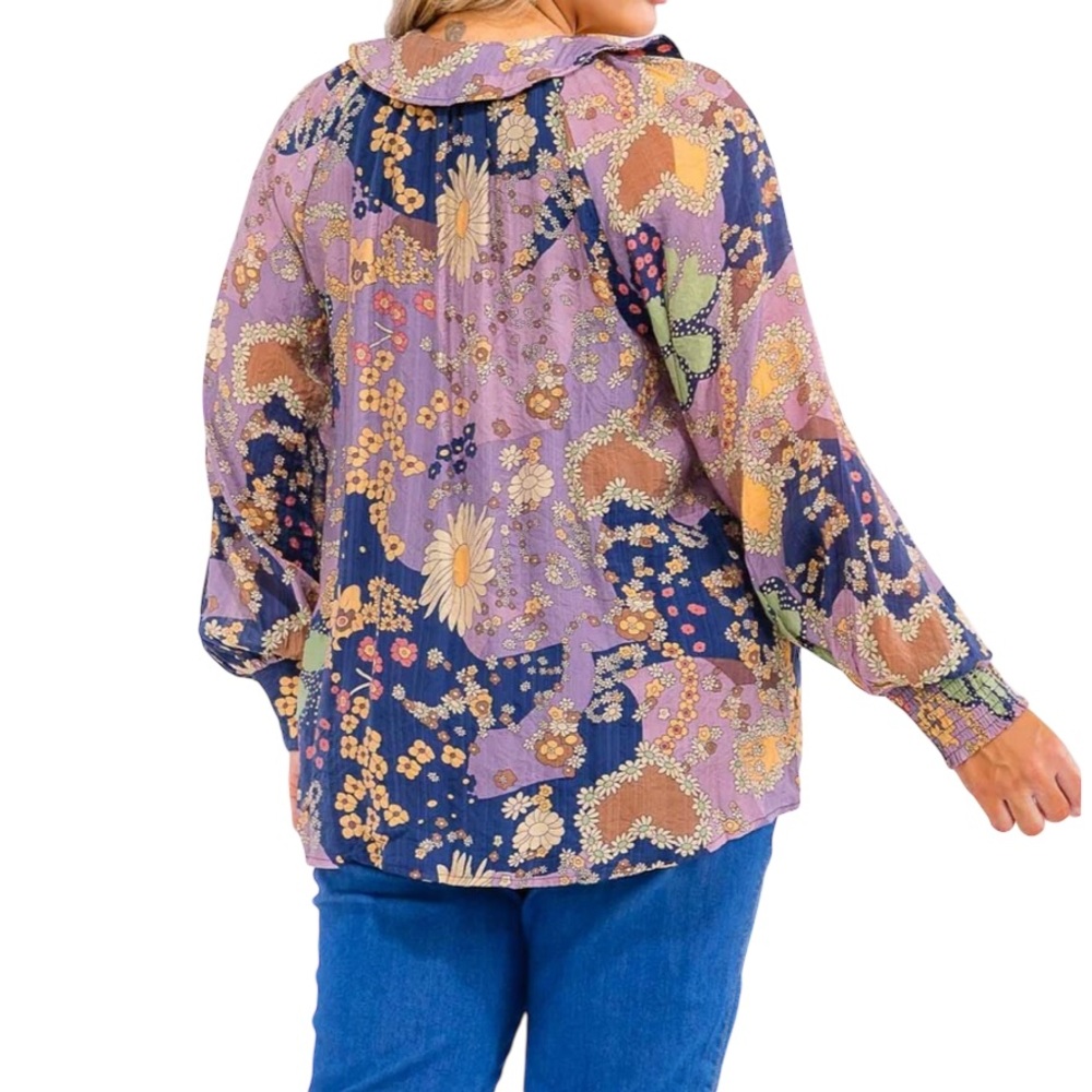 Floral Print Ruffle Trim Smocked Cuff Boho Blouse Top - Picture 2 of 3
